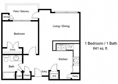 Floor plan for 1 bed, 1 bath, 641 sqft
